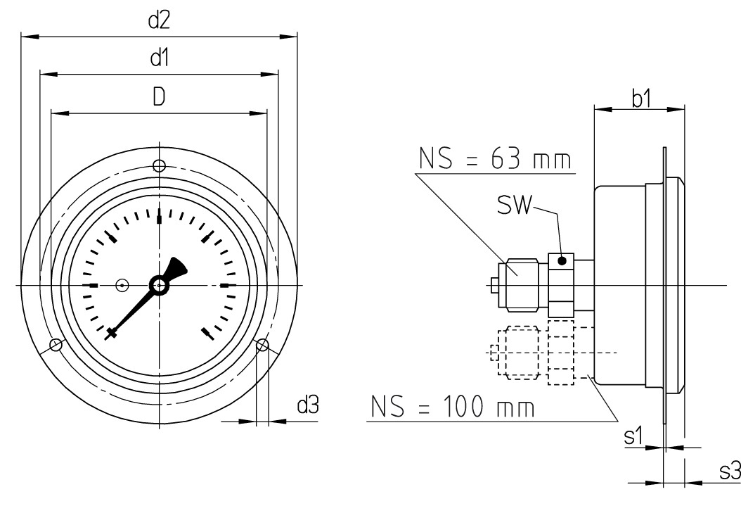 GAUGE PRESSURE W/GLYCERINE, REAR/FRONT 0-100BAR 63MM G1/4"