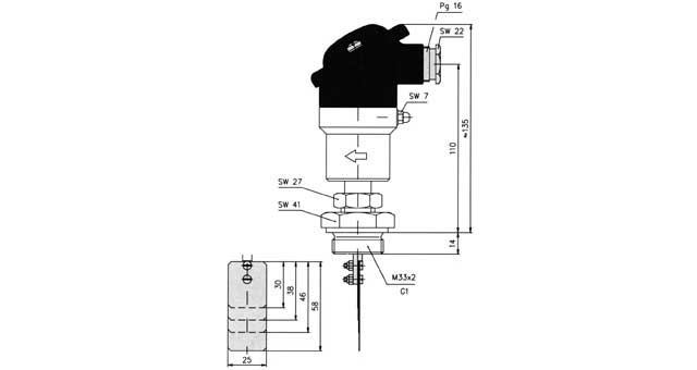SWITCH LIQUID FLOW PADDLE TYPE, THREAD M33X2 MALE VH500NM DN32