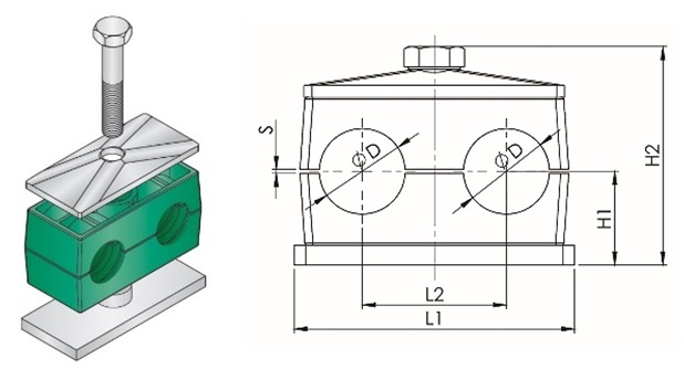 CLAMP TUBE POLYPROPYLENE, W/WELD PLATE TWIN 32MM