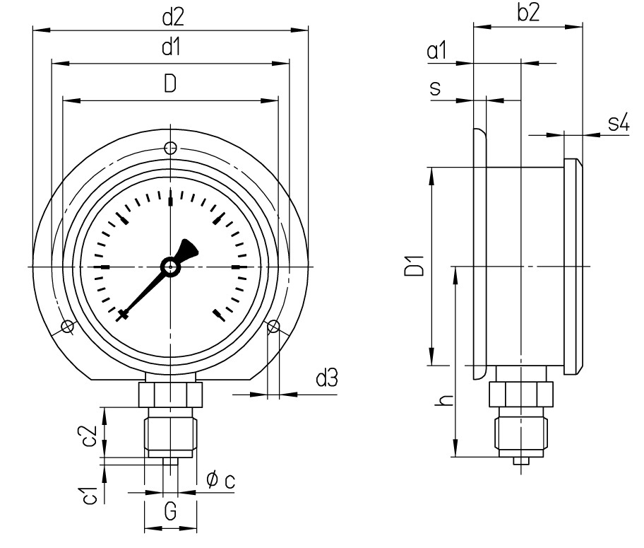 GAUGE PRESSURE GLYCERINE BOTTM, BACK 0-600BAR 100MM G1/2"